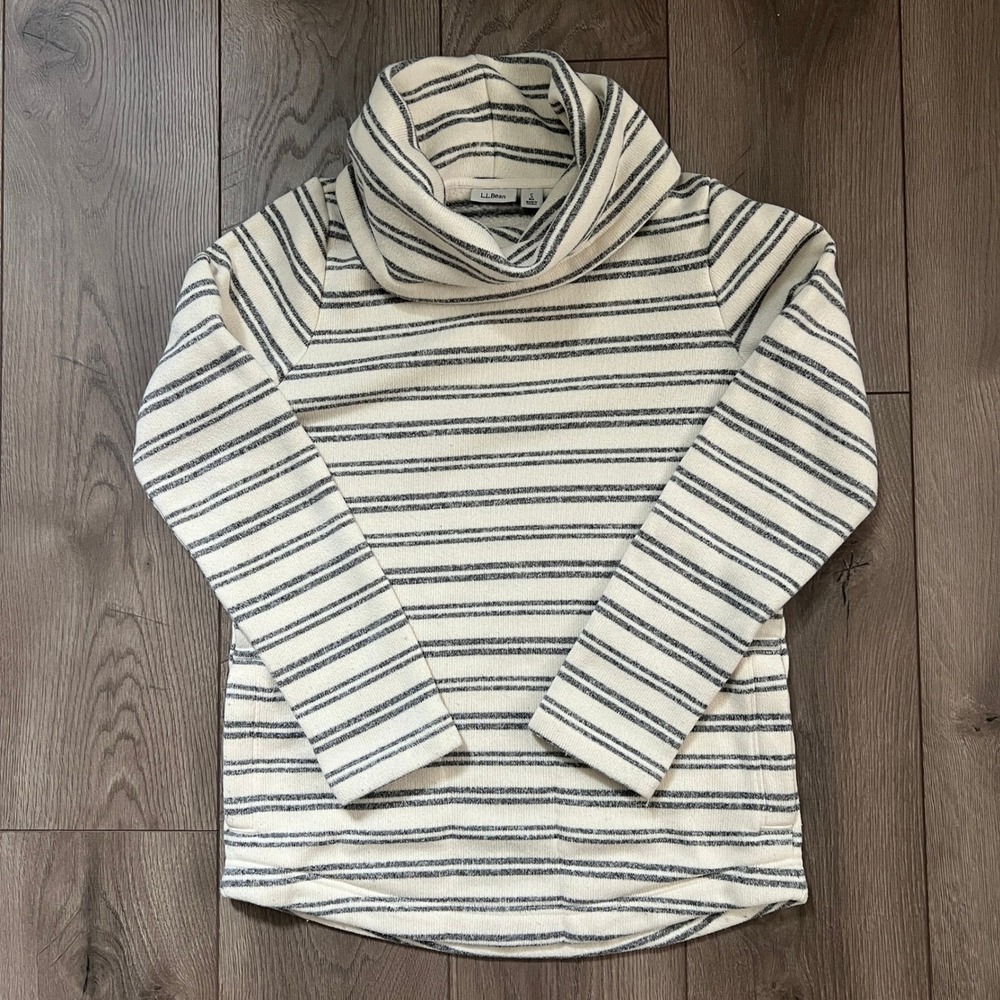 LL Bean Womens Cowl Neck Fleece Pullover Striped Sweatshirt Cream Gray S 501023